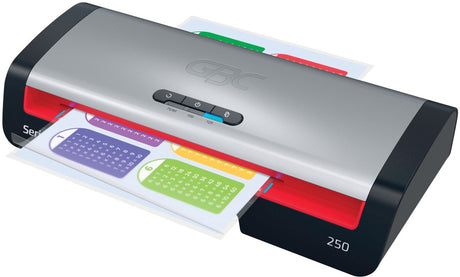 GBC 250 Office A4-Laminiergerät – geeignet für 75–125 Mikron – inklusive Starterpaket Laminierfolien – Silber, Schwarz, Rot