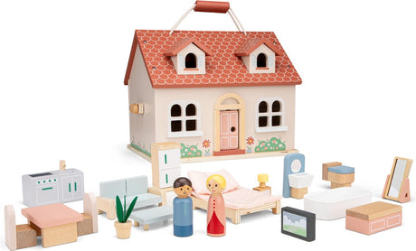 Woet ® houten draagbaar poppenhuis - compleet met 18 meubels en 2 poppetjes - pastelkleurig roze speelhuis voor kinderen - rollenspel speelgoed - vanaf 3 jaar