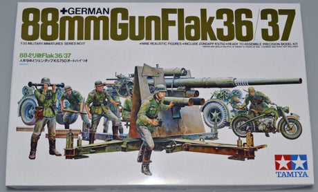 Tamiya Modellbausatz Militärfahrzeuge – 35017 Deutsche Flak 8,8 Kanone mit Motorrad aus Kunststoff – 1:35 – Modellbau