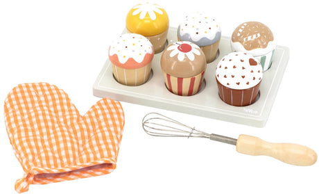 Tryco wooden cupcake set - houten bakset - 6 cupcakes ovenwand bakplaat en klopper - rollenspel en fijne motoriek - vanaf 18 maanden