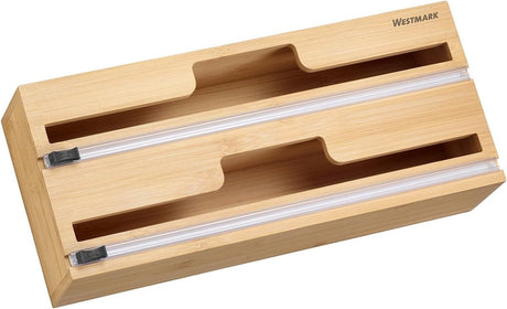Westmark Folienrollenhalter mit gezackter Kante – Aluminiumfolien- und Frischhaltefolienrollenhalter mit gezackter Kante, müheloses Abreißen der Folie ohne Einreißen, Rollen bis 31 cm – Bambus