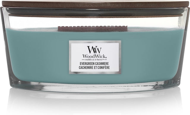 Woodwick Heartwick Flame Ellipse Duftkerze – immergrüner Kaschmir – 50 Brennstunden
