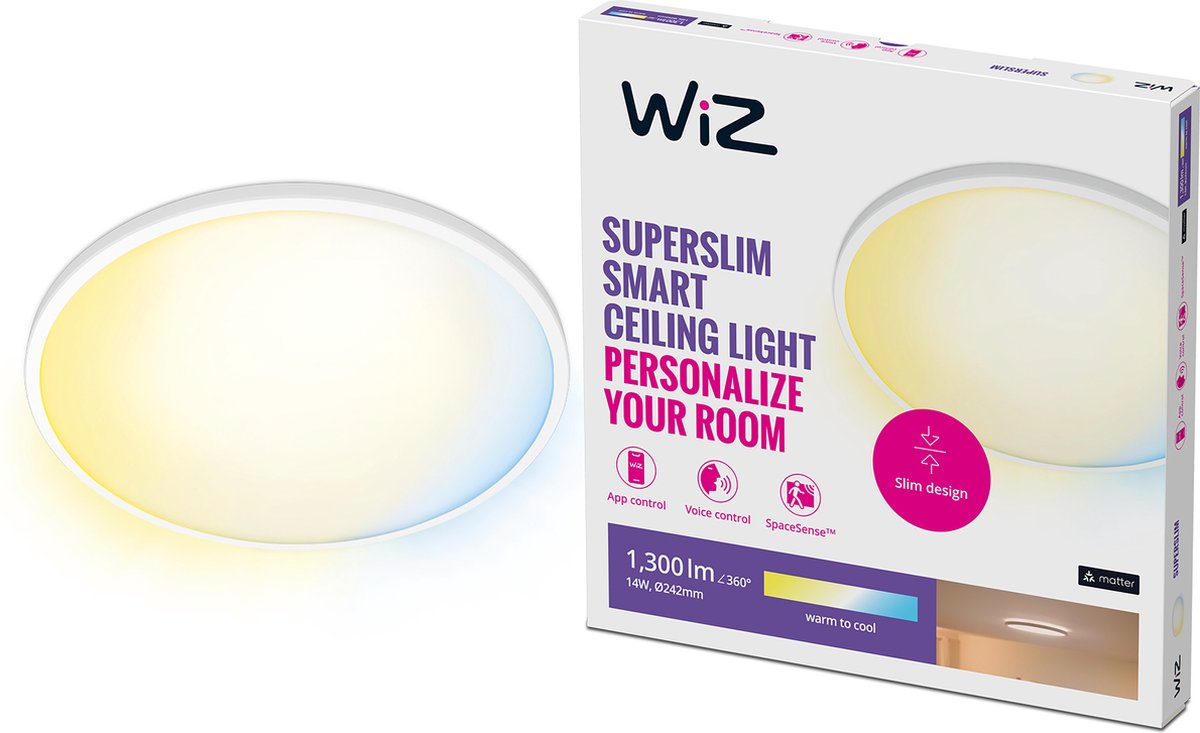 Wiz plafondlamp superslim - diameter: 25 cm - warm- tot koelwit licht - slimme led verlichting - geïntegreerde led - 14w - wit - wi-fi