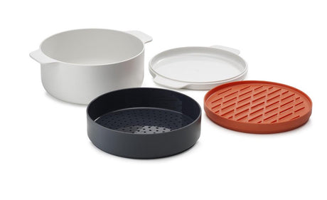 Joseph Joseph M-Cuisine Mikrowellen-Kochset – 4-teiliges stapelbares Set mit Dampfeinsatz, Grill und 2-Liter-Kochtopf