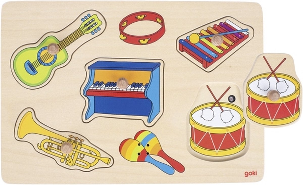 Goki Puzzle mit Sound: Musikinstrumente 30x21x3,4cm, mit Soundinstrumenten, 5-teilig, Holz, Batterien inklusive 2xaaa, 1+