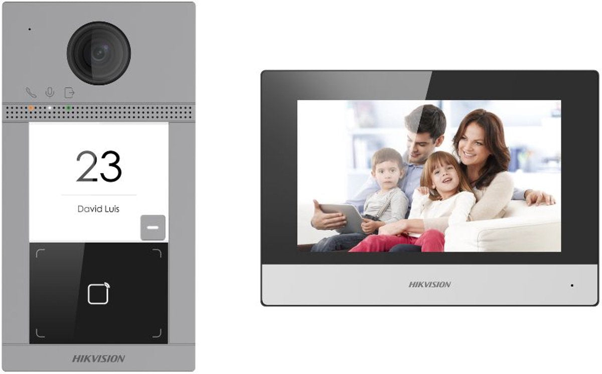 Hikvision DS-KIS604-S(C) Video-Gegensprechanlage-Set mit 7 Touchscreens, WLAN, PoE-Switch und 16 GB microSD