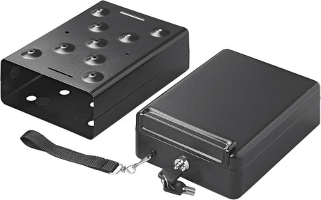 Proplus Stahltresor mit Schieber – 22,5 x 16,5 x 8,5 cm – für Auto, Wohnwagen, Wohnmobil – Tresor – Wohnwagentresor – Reisetresor – Sicherheit – Wertsachen – tragbar – Diebstahlschutz – mit Schrauben und Dübeln – inklusive 2 Schlüssel – Schwarz