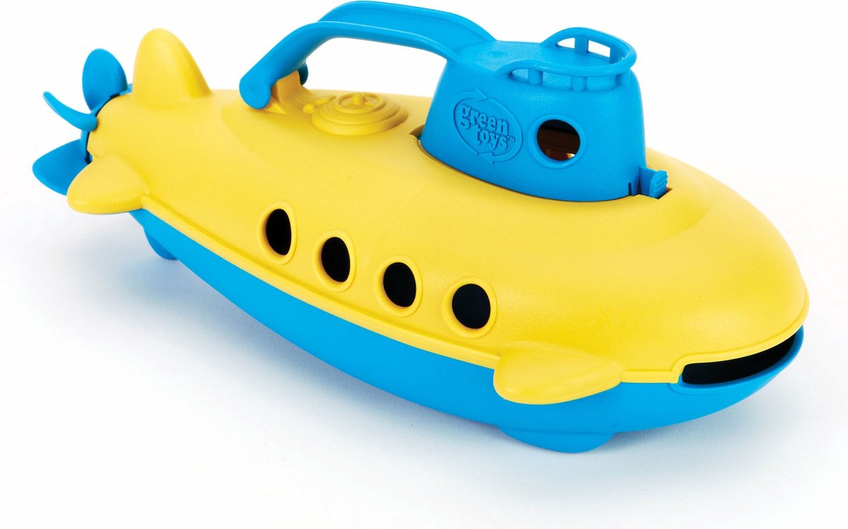 Grünes Spielzeug U-Boot gelb mit blauem Griff -