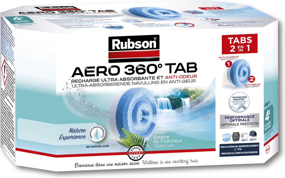 Rubson Aero 360 Wasserfall Nachfüllungen 4 Stück | Nachfüllen des Luftentfeuchters | Nachfülltabletten | Tabs für Raumentfeuchter.