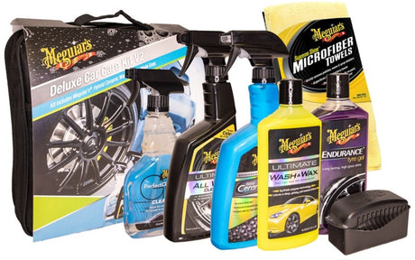 Meguiar's Deluxe Autopflegeset v2 – Autoreinigungsset – Autoshampoo – Sprühwachs – Reifengel – Felgenreiniger – Glasreiniger Fensterreiniger – Mikrofasertuch