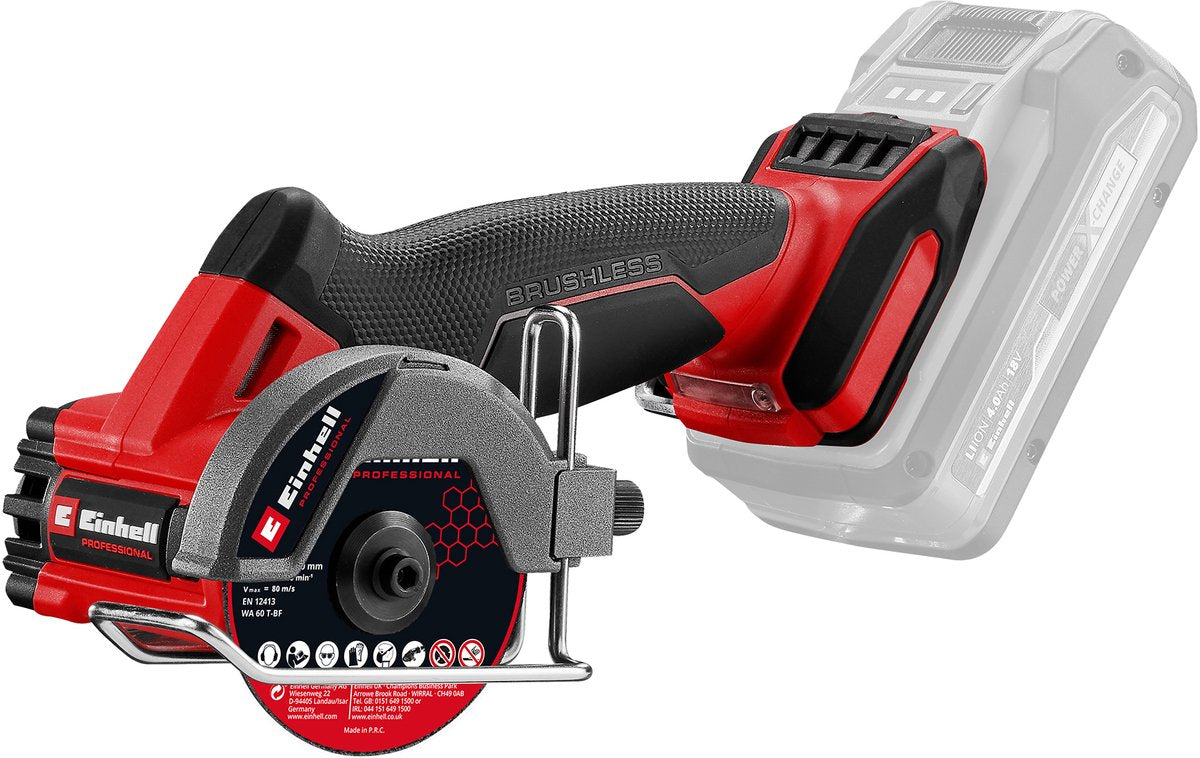 Einhell Profi-Akku-Schneidemaschine TP-CO 18 76-C Li BL Solo – Power X-Change – 18 V Li-Ion – ø76 mm – max. Schnitttiefe: 16 mm - 20.000 t min - inkl. 1x Diamant-Trennscheibe, 3x dünne Trennscheibe - exkl. Akku und Ladegerät