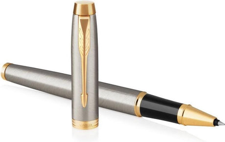 Parker im-rollerballpen | geborsteld metaal met gouden afwerking | fijne penpunt | zwarte inkt | geschenkverpakking
