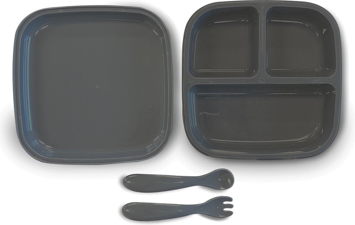 Deryan quuby plate set siliconen bord met lepeltjes - babybord - kinderservies set grijs