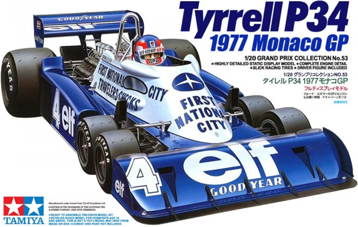 Tamiya Modellbausatz Militärfahrzeuge – 20053 Tyrrell P34 Six Wheeler Monaco GP77 Kunststoff – 1:20 – Modellbau