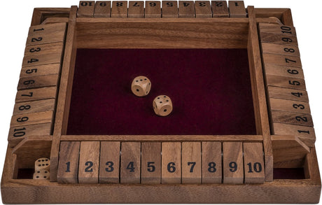 Longfield Shut the Box 4 Spieler – Würfelspiel aus Walnussholz – 29 x 29 cm – mit eingelegtem Filz 8 Holzwürfel – Brettspiel – Engelsherz