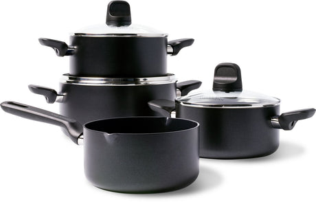Greenpan Memphis Kochpfannenset 7-teilig – 16 18 20 24 cm – 1,6 2,1 3,1 4,9 l – PFAS-freie Antihaftbeschichtung – Induktionskochpfanne – Keramikpfanne – ofenfest bis 160 °C – Kaltgriffe – mit Glasdeckel – schwarz