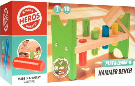 Heros hamerbank – houten gereedschap – play and learn – 10 onderdelen – educatief motoriekspeelgoed – fsc hout – gemaakt in duitsland – vanaf 1 jaar