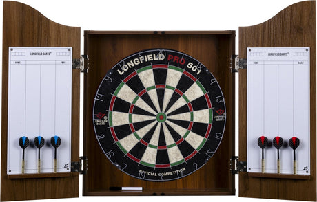 Engelhart Longfield Darts – Dartschrank aus Holz braun mit Dartscheibe – inklusive 6 Pfeilen mit Stahlspitze – Whiteboard + Marker – Wettkampftafel – Dartschrank – braun – Holzschrank – Dartset – schützt die Wand – einfach zu installieren