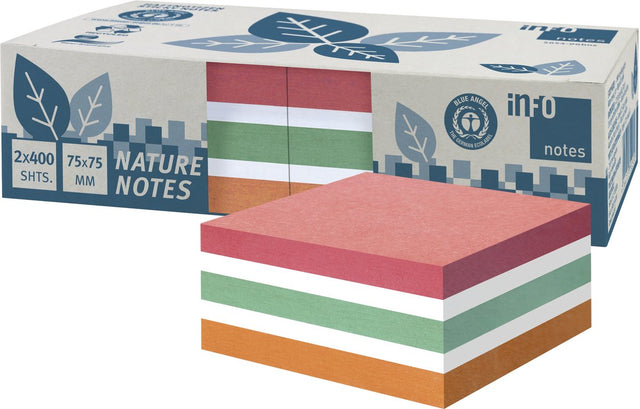 Info notes memoblok - formaat 75x75mm - assorti kleuren - gerecycled - doos 2x 400 vel - in-5654-96box