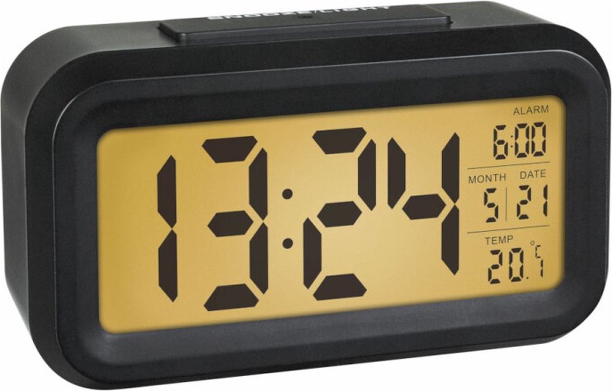 Tfa Dostmann 60.2018.01 – Wecker – digital – Quarz – LCD-Bildschirm – Kunststoff – Datumsanzeige – Alarm – Schlummerfunktion – Innentemperatur – Hintergrundbeleuchtung – Schwarz