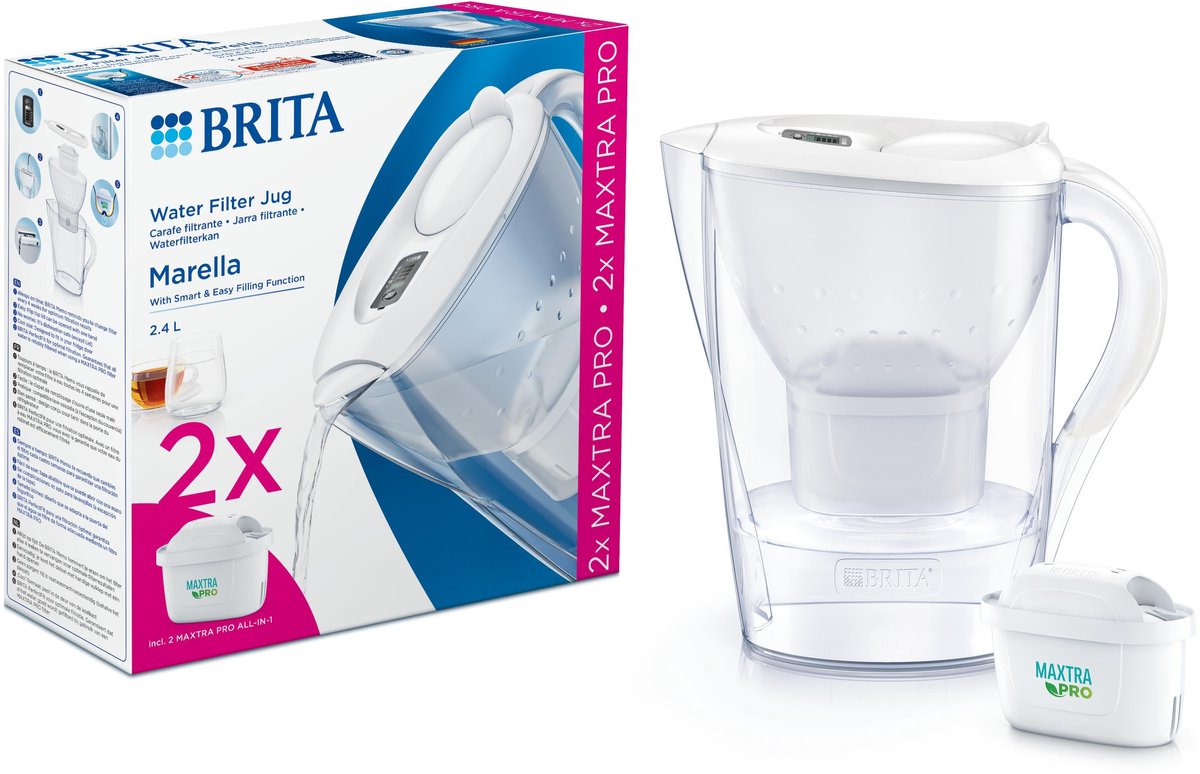 Brita - Wasserfilterkanne - Marella Cool - 2,4l - Weiß - inkl. 2 Maxtra Pro All-in-1-Filterkartuschen – Vorteilspack