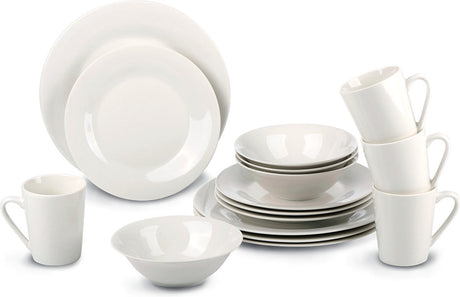 Alpina Geschirrset 16-teilig – Speiseteller-Set für 4 Personen – Steingutgeschirr – Speiseteller, Dessertteller, Schüsseln und Becher – mikrowellen- und spülmaschinenfest – weiß