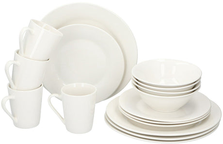 Alpina Geschirrset 16-teilig – Speiseteller-Set für 4 Personen – Steingutgeschirr – Speiseteller, Dessertteller, Schüsseln und Becher – mikrowellen- und spülmaschinenfest – weiß