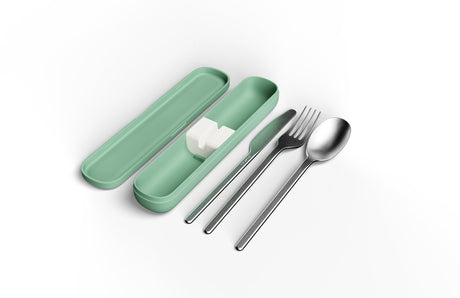 Amuse nello bestekset sage – premium rvs 18 10 – herbruikbaar – vork, mes lepel – vaatwasserbestendig – duurzaam bestek voor onderweg, werk camping – groen
