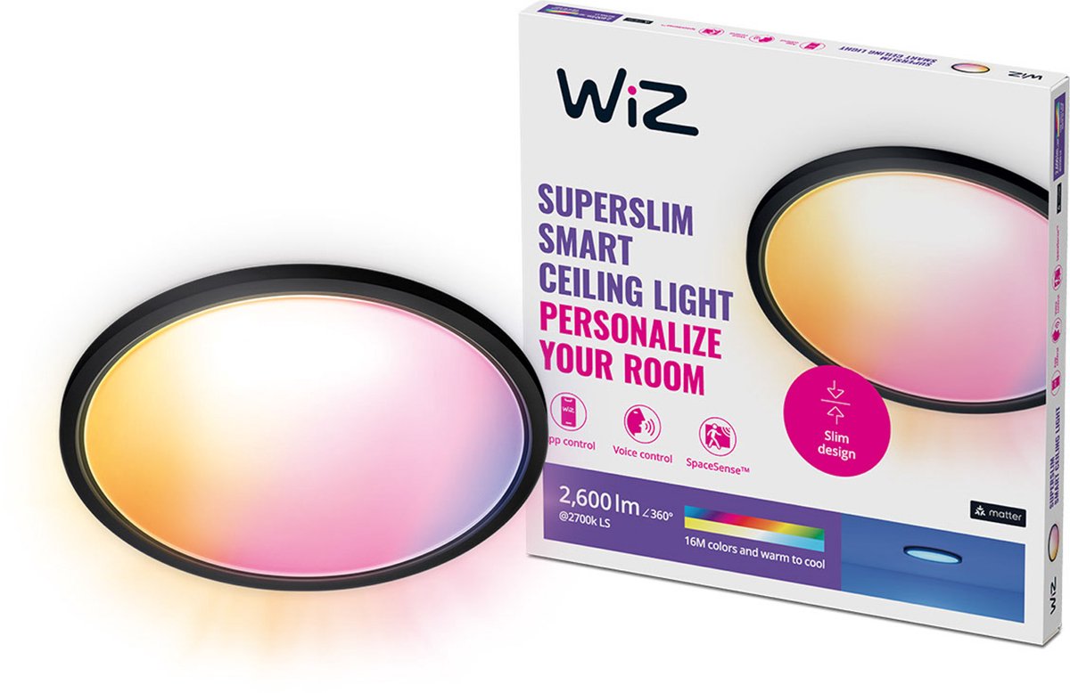 Wiz plafondlamp superslim - diameter: 43 cm - gekleurd en wit licht - slimme led verlichting - geïntegreerde led - 22w - zwart - wi-fi