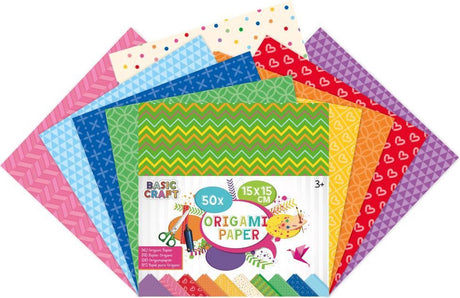Craft Sensations Origami-Papier | 15 x 15 cm | 50 Blatt | 5 verschiedene Designs | Faltblätter | mit Drucken auf Papier | Bastelpapier für Kinder