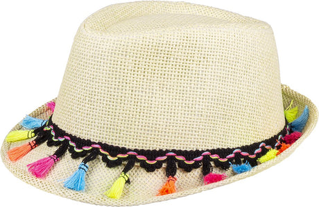 Markenloser Sans-Marque-Böhmischer Fedora-Hut – Partyhut – mit farbigen Quasten – mit Zierband – 59 cm – Beige