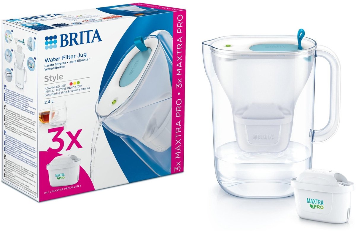 Brita - Wasserfilterkanne - Style Cool - 2,4l - Blau - inkl. 3 Maxtra Pro All-in-1-Filterkartuschen – Vorteilspack