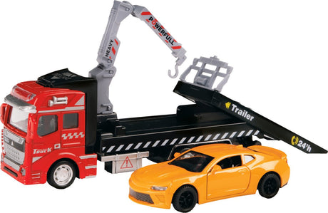 Toi-toys Abschleppwagen mit Auto aus rot-orangefarbenem Metall