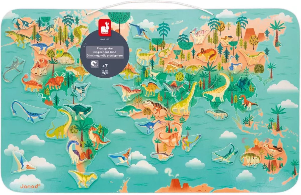 Janod - Dino - Magnettafel - 50 Dinosaurier-Magnete Weltkarte