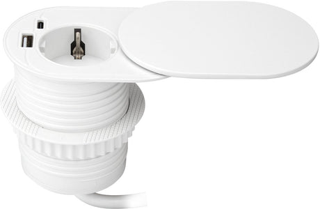 Orno Einbau-Steckdosenleiste – aufschiebbarer Verteilerstecker mit 1 Steckdose – USB A C – ø 60 mm Steckdosenleiste mit 1,9 m Kabel – geerdet – weiß