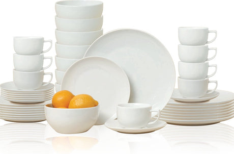 Alpina Geschirr-Set für 8 Personen – Steingut-Geschirr 40-teilig – Teller-Set mit Frühstückstellern, Speisetellern, Schüsseln, Tassen und Untertassen – Geschirr-Set spülmaschinen- und mikrowellengeeignet – weiß