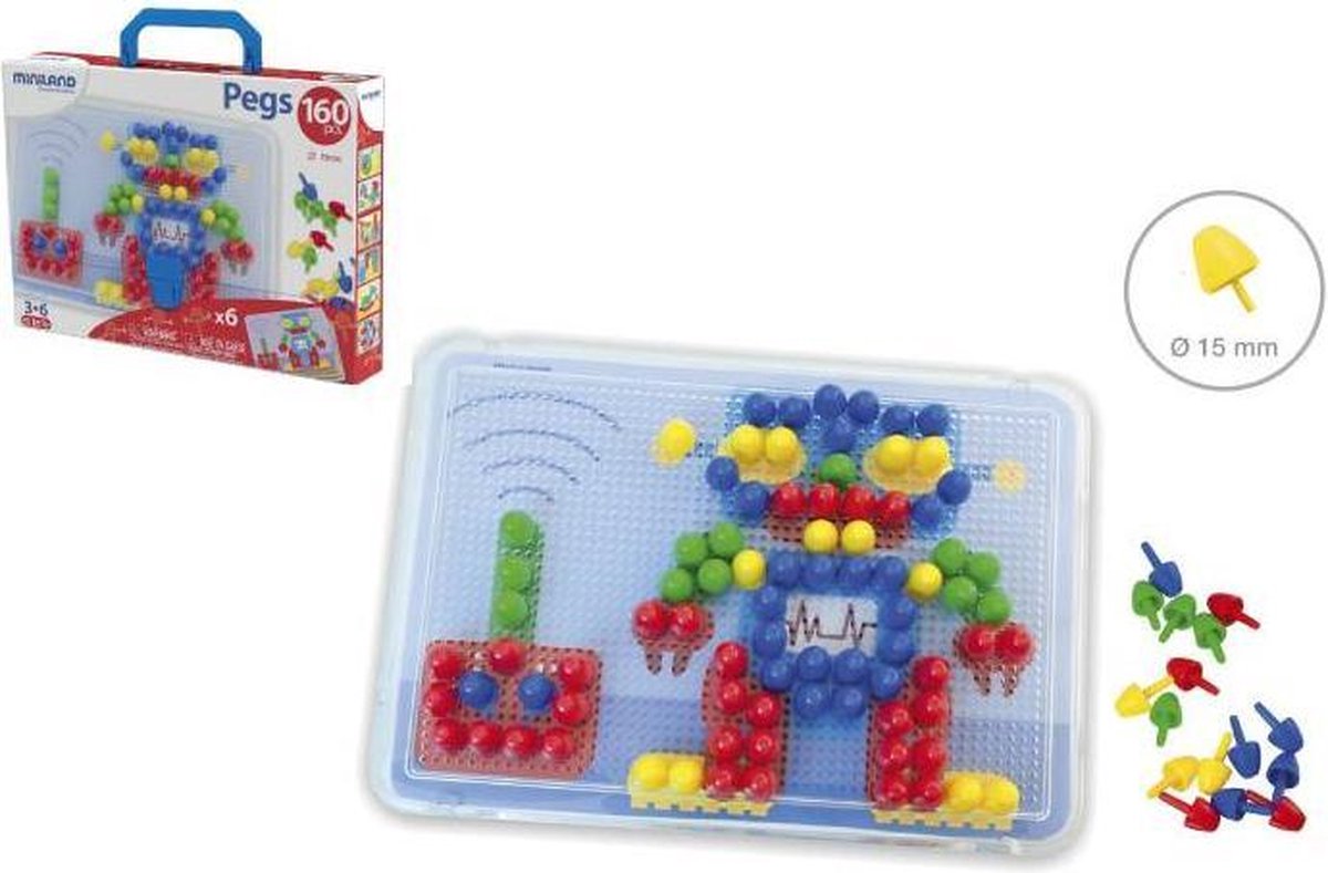 Miniland-Mosaikstifte – 15 mm – 160 Stifte – in Box mit Griff – 3 Jahre