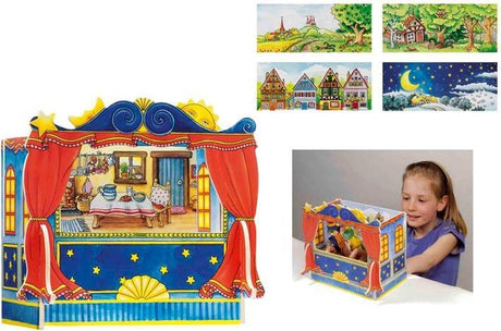 Goki Puppentheater - Fingerpuppen - mit 5 austauschbaren Dekoren - 28x20x25cm - Holz
