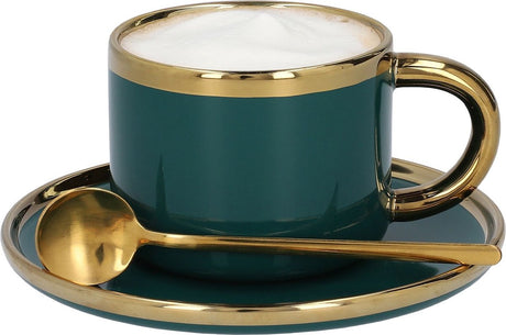 Homla sensorische Kaffeetasse aus Porzellan mit Untertassenlöffel – Teebecher-Kaffeetassen-Set – Vintage-Edelstahl, 200 ml, Smaragdgold