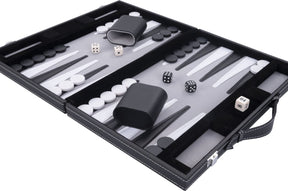 Longfield backgammon 11 inch - grijs, zwart wit gestikt bord - kunstlederen koffer met handvat - engelhart