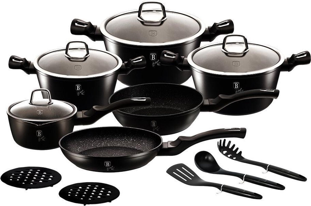 Berlinger haus black silver serie - granieten pannenset - 15-delig - soft touch handvatten