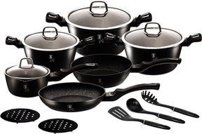 Berlinger haus black silver serie - granieten pannenset - 15-delig - soft touch handvatten