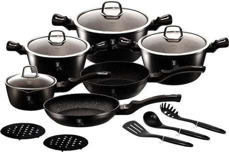 Berlinger haus black silver serie - granieten pannenset - 15-delig - soft touch handvatten