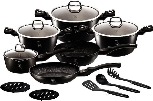 Berlinger haus black silver serie - granieten pannenset - 15-delig - soft touch handvatten