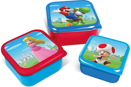 Stor Nintendo's Super Mario 3-in-1-Snackboxen – 3 Größen – quadratisch – dicht schließend – Lunchboxen für Kinder – loser Deckel – geeignet für Kekse, Obst und Snacks – blau rot