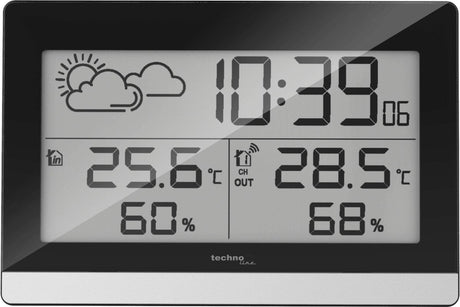 Technoline ws 9255 - weerstation - tafelstation - binnen en buiten temperatuur - binnen- en buitenvochtigheid - radiogestuurde tijdsaanduiding - 12 24 - alarm - snooze - achtergrond verlichting - zwart - zilverkleurig