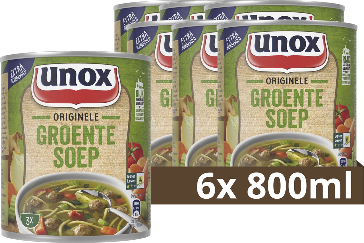 Unox-Dosensuppe – Original-Gemüsesuppe – hergestellt aus Suppenbällchen, Fadennudeln und verschiedenen Gemüsesorten – 6 x 800 ml