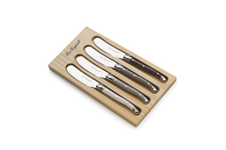 Lou Laguiole ® 4-teiliges Buttermesser-Set, mehrfarbig, in Geschenk- und Aufbewahrungsbox aus Holz – Pfeffergrau, Perlmutt, Taupe – 18 0 Chromstahl – kultige Laguiole in Geschenkverpackung