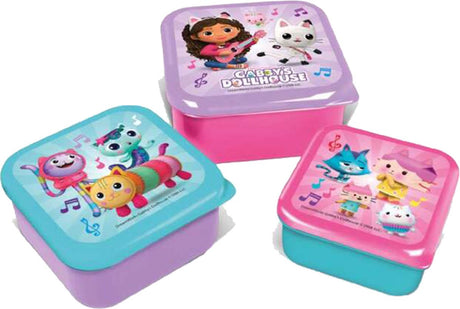 Stor Gabby's Puppenhaus 3-in-1-Snackboxen – 3 Größen – quadratisch – dicht schließend – Lunchboxen für Kinder – loser Deckel – geeignet für Kekse, Obst und Snacks – lila, rosa, türkis