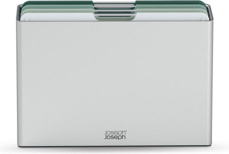 Joseph Joseph Folio™ Schneidebrettset 4-teilig – groß – hellgrün – farbcodiert – mit Aufbewahrungsständer – Griffe aus Edelstahl